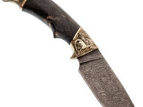 Кованый нож Юрский, дамасская сталь, рукоять карельская береза, художественное травление