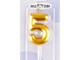 Свеча для торта с держателем MESHU "Цифра 5", 6 см, золотая, блистер