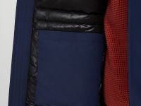 Пуховое полупальто с накладными карманами и капюшоном