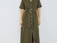 Платье-рубашка с поясом, Зеленый