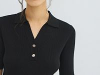 Джемпер в рубчик с воротником-поло, Черный