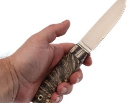 Шкуросъёмный нож Ястреб, сталь М390, рукоять мельхиор, зуб мамонта, стабилизированный кап клена