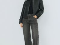 Утеплённая куртка из искусственной кожи с меховым воротником, Черный