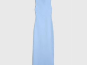 Вязаное платье в рубчик с воротником-стойкой, Голубой