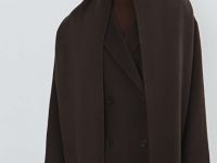 Длинное двубортное пальто с шарфом, Коричневый