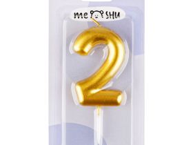 Свеча для торта с держателем MESHU "Цифра 2", 6 см, золотая, блистер