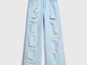 Широкие джинсы с рваным дизайном, Голубой