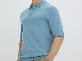 Вязаное поло с коротким рукавом, Голубой