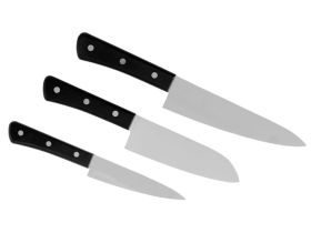 Набор кухонных ножей Hatamoto Sakana JPS-002 "Поварская тройка", сталь AUS-8, рукоять ABS-пластик, черный