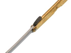 Нож складной Higonokami Nagao Kanekoma, 80мм, сталь Aogami Damascus 3 слоя, рукоять латунь золотая