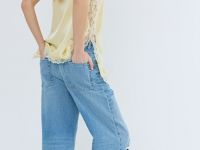 Широкие джинсы с разрезами на коленях, Голубой