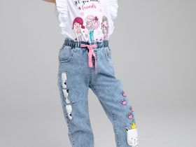 Брюки текстильные джинсовые для девочек