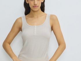 Майка в рубчик с вырезом хенли, Бежевый