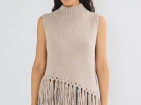 Асимметричный вязаный топ с бахромой, Бежевый