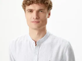 Мужская рубашка Lacoste без ворота в полоску из смеси льна