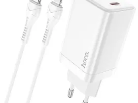 Сетевое зарядное устройство Hoco (N23) GaN 45W 2хType-C+кабель Type-C/Lightning 1m (белый)