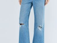 Широкие джинсы с разрезами на коленях, Голубой