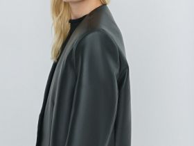 Однобортный жакет из искусственной кожи, Черный