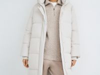 Длинный стёганый пуховик с капюшоном, Бежевый