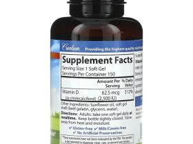 Carlson, Витамин D3, 2500 МЕ (62,5 мкг), 150 мягких таблеток