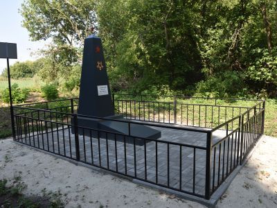 Одиночная могила советского воина, погибшего в боях с фашистскими захватчиками в 1943 году. Имя не установлено. Металлическая ограда