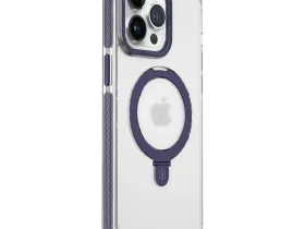 Чехол-накладка Wiwu Magsafe (JKK-015) для Apple iPhone 15  пластиковый с подставкой прозрачно-белый (фиолетовая рамка)