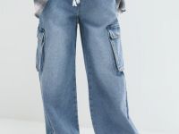 Широкие джинсы с карго-карманами для девочек, Голубой