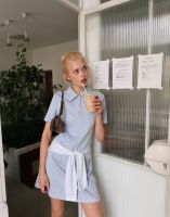 Голубое мини-платье с воротником поло из искусственной замши Глория Джинс