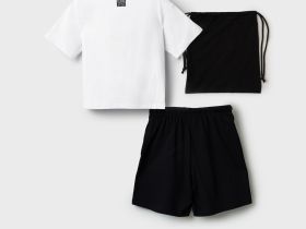 Комплект трикотажный для девочек: фуфайка (футболка), шорты, сумка-мешок