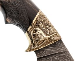 Кованый нож Юрский, дамасская сталь, рукоять карельская береза, художественное травление