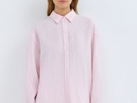 Рубашка из смесового льна в полоску, Розовый