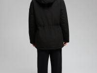 Пуховое полупальто с накладными карманами и капюшо