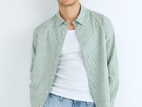 Рубашка в полоску из смесового льна, Зеленый
