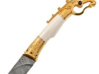 Подарочный нож Олень. Коллекция «Скифы», дамасская сталь с никелем, рукоять моржовый клык, гранат