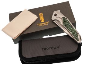 Складной нож TUOTOWN Guerrero, сталь M390, рукоять Grey Crystal Ti/Green Carbon Fiber