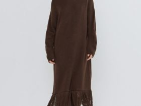 Вязаное платье с бахромой, Коричневый
