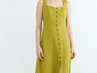 Платье из смесового льна с вырезом каре, Желтый