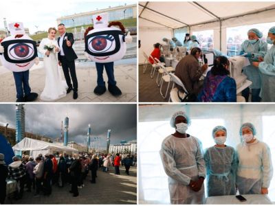 Фоторепортаж: сотни якутян встали в очередь на площади Республики для проверки зрения