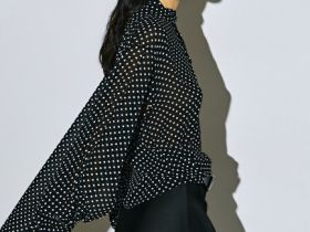 Блузка из шифона с рукавом разрезом и бантом, Черный