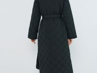 Длинное стёганое пальто с поясом, Черный