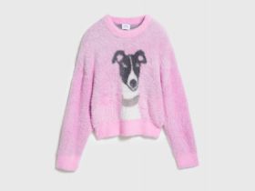 Пушистый джемпер с принтом собаки, Розовый