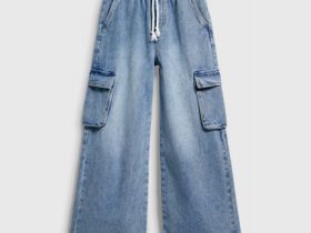 Широкие джинсы с карго-карманами для девочек, Голубой