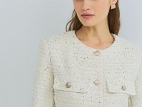 Твидовый однобортный жакет с поясом, Бежевый