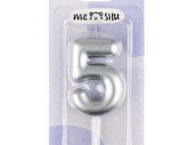 Свеча для торта с держателем MESHU "Цифра 5", 6 см, серебряная, блистер