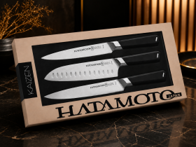 Набор из 3-х кухонных ножей Hatamoto Kaizen 127/185/203 мм, сталь AUS-8, рукоять ABS-пластик, черный