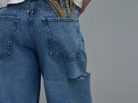 Широкие джинсы с рваным дизайном, Голубой