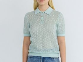 Джемпер поло из ажурной пряжи, Зеленый