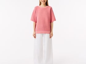 Женский вязаная футболка Lacoste оверсайз с коротким рукавом