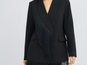 Двубортный жакет с отделкой из бахромы, Черный