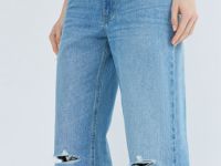 Широкие джинсы с разрезами на коленях, Голубой